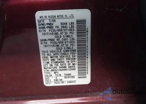 2009 Nissan Murano Sl z USA, uszkodzony, nr VIN JN8AZ18U99W102886